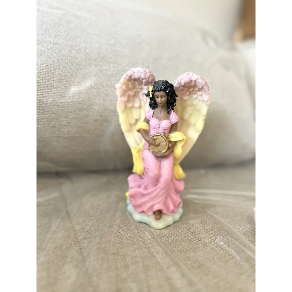 HERTCO Angel Figurine Pink Dress Gold‎ Tambourine Pastel Wings Resin 6-7